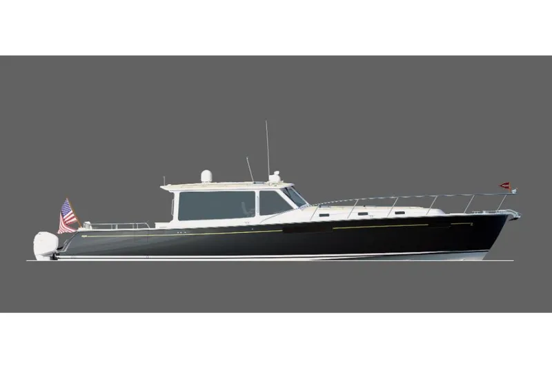 Slide: The Image of 2023 MJM 53z luxury motor yacht with sleek design and American flag. - 26