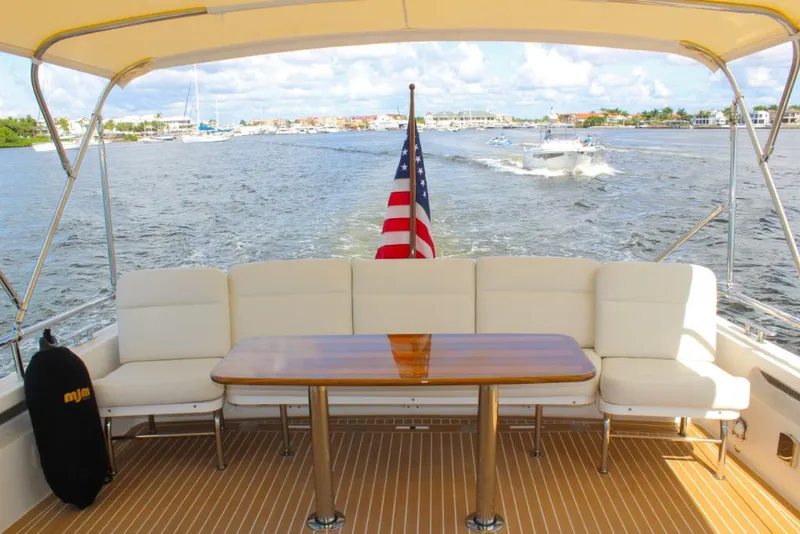 Slide: The Image of 2023 MJM 53z yacht with aft deck seating and American flag. - 7