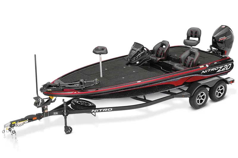 Slide: The Image of 2022 Nitro Z20 bass fishing boat with trailer, black and red design. - 17
