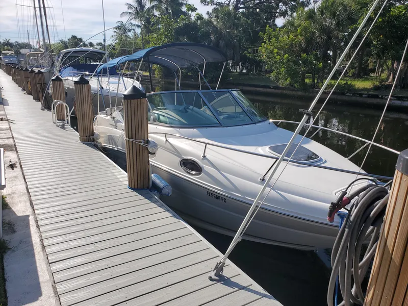 Slide: The Image of 2010 Sea Ray 240 Sundancer docked at marina with lush greenery. - 4
