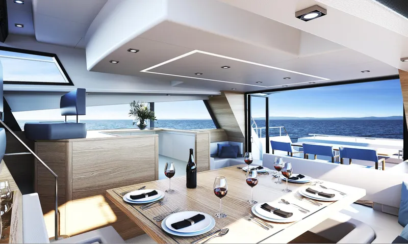 Slide: The Image of Luxurious interior of 2022 Compact Mega Yachts CMY 173 with ocean view dining area. - 10