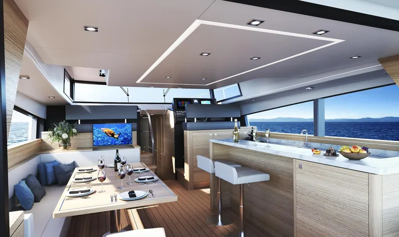Slide: The Image of Luxurious interior of 2022 Compact Mega Yachts CMY 173 with modern dining and kitchen area. - 13
