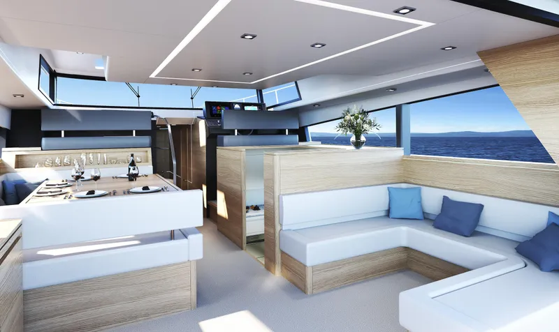 Slide: The Image of Luxurious interior of 2022 Compact Mega Yachts CMY 173 with modern design and ocean view. - 9