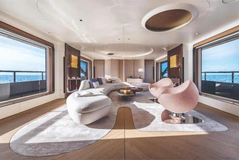 Slide: The Image of Luxurious interior of 2023 Azimut Trideck yacht with modern furnishings and ocean views. - 30