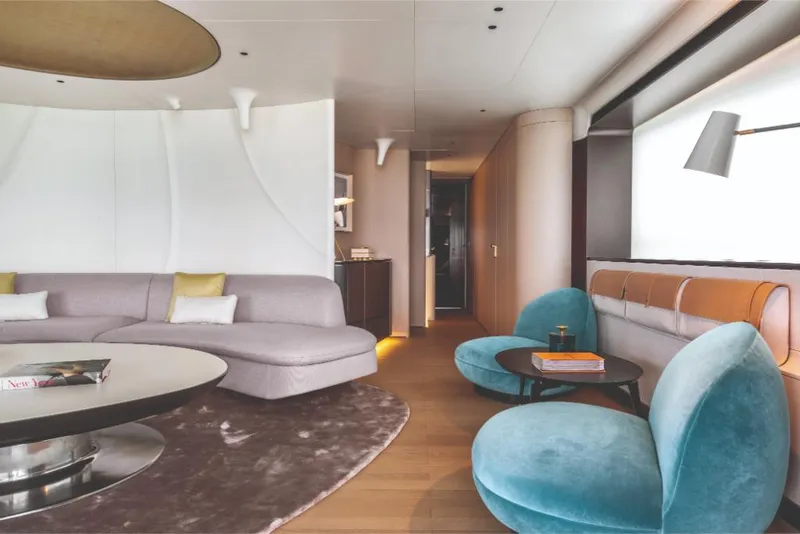 Slide: The Image of Luxurious interior of 2023 Azimut Trideck yacht with modern furniture and elegant design. - 35