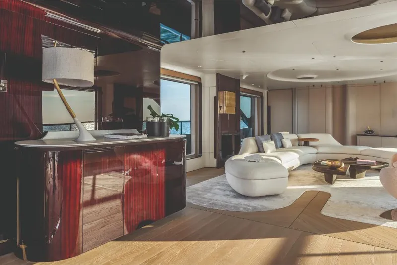 Slide: The Image of Luxurious interior of 2023 Azimut Trideck yacht with modern furnishings and ocean view. - 36