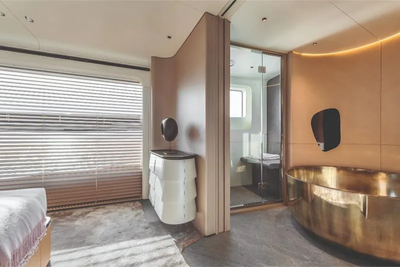 Slide: The Image of Luxurious interior of 2023 Azimut Trideck yacht with modern bathroom and bedroom. - 49