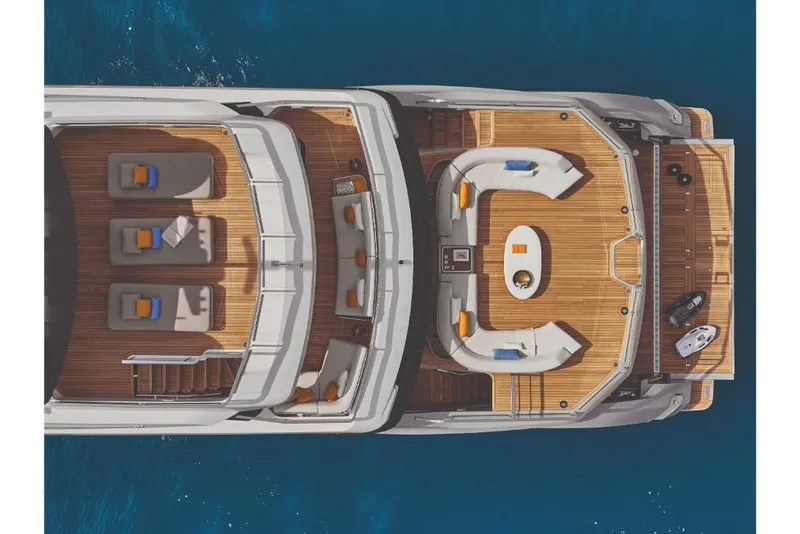 Slide: The Image of Top view of 2023 Azimut Trideck yacht with luxurious deck layout. - 7