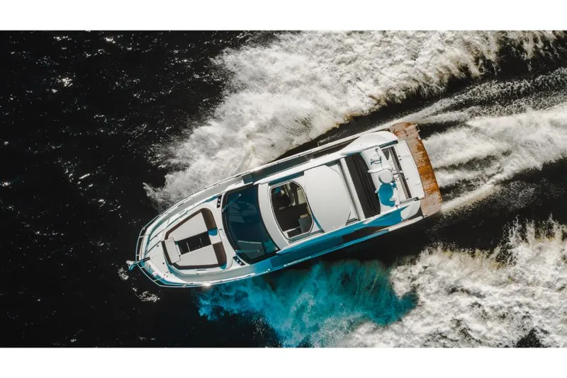 Slide: The Image of Aerial view of 2023 Galeon 410 HTC yacht cruising on water. - 40