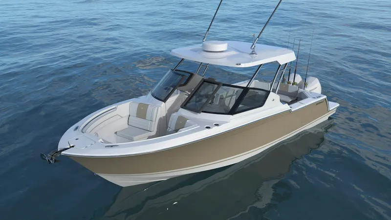 Slide: The Image of 2023 Bertram 28XC boat on calm water. - 1