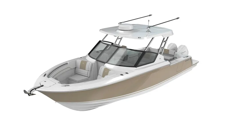 Slide: The Image of 2023 Bertram 28XC boat with beige and white exterior. - 11