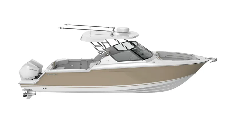 Slide: The Image of 2023 Bertram 28XC boat with dual outboard engines and fishing rods. - 12