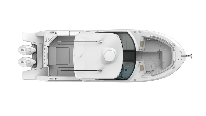 Slide: The Image of Top view of 2023 Bertram 28XC boat with twin outboard engines. - 13