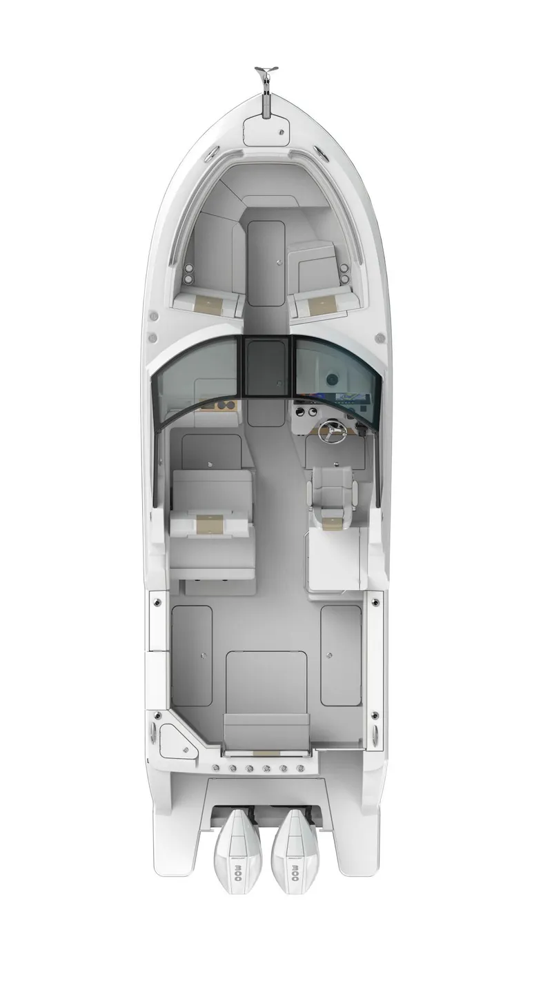 Slide: The Image of Top view of 2023 Bertram 28XC boat layout with twin engines. - 14
