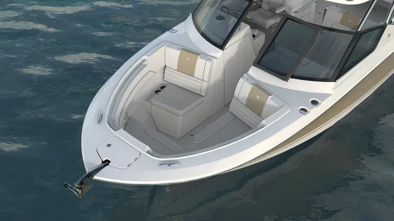Slide: The Image of 2023 Bertram 28XC boat with spacious seating on calm water. - 2