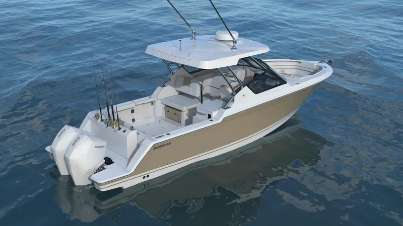 Slide: The Image of 2023 Bertram 28XC boat on calm water. - 3