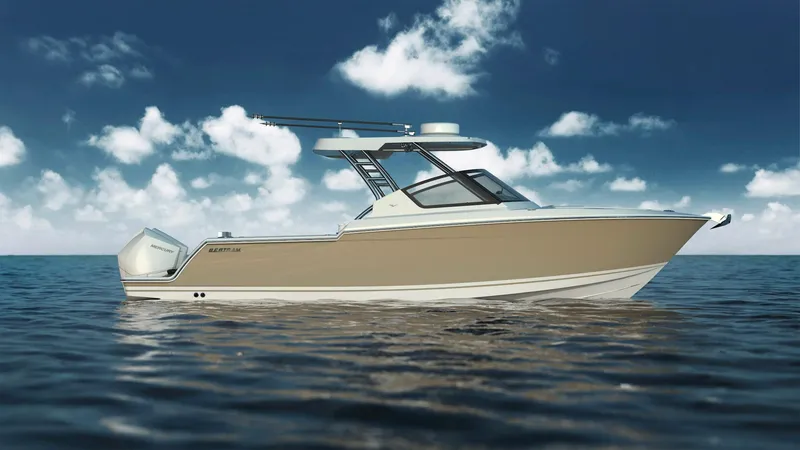 Slide: The Image of 2023 Bertram 28XC boat on calm ocean under blue sky with clouds. - 4