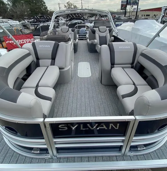 Slide: The Image of 2023 Sylvan L3 RLZ pontoon boat with spacious seating and modern design. - 1
