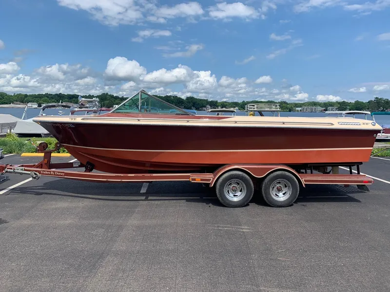 Slide: The Image of 2005 Coronado Custom boat on a trailer under a clear sky. - 1