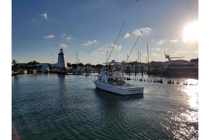 Slide: The Image of 2023 Bertram 35 Flybridge boat cruising in a marina at sunset with a lighthouse in the background. - 38
