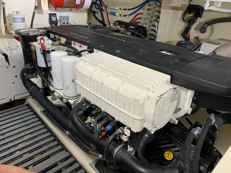 Slide: The Image of Engine room of 2018 Tiara Yachts C44 Coupe with technical details. - 40