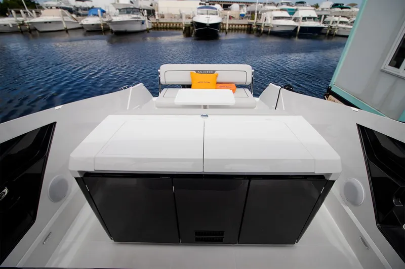 Slide: The Image of 2021 Fairline F Line 33 yacht interior with marina view. - 15