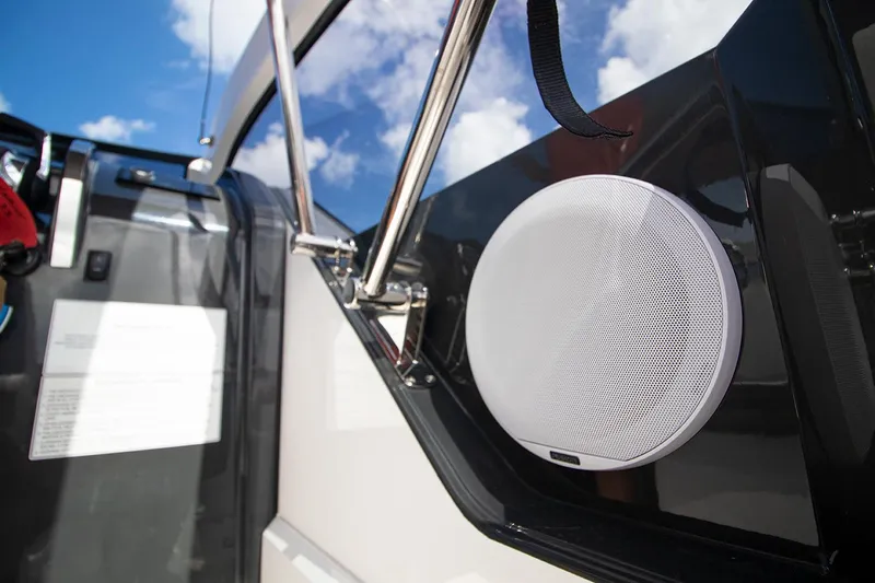Slide: The Image of Close-up of a 2021 Fairline F Line 33 boat speaker system. - 30