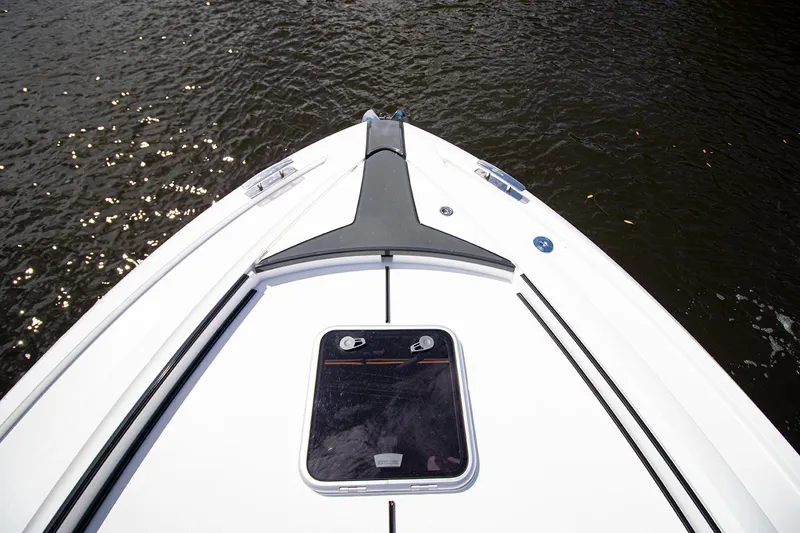Slide: The Image of 2021 Fairline F Line 33 boat bow on water. - 33