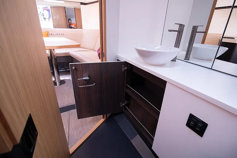 Slide: The Image of Modern bathroom and lounge area in 2021 Fairline F Line 33 yacht. - 44