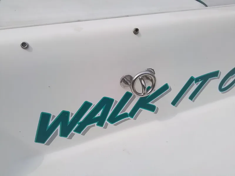 Slide: The Image of Sea Ray 180 BR 1993 boat with "Walk It" decal on white hull. - 8