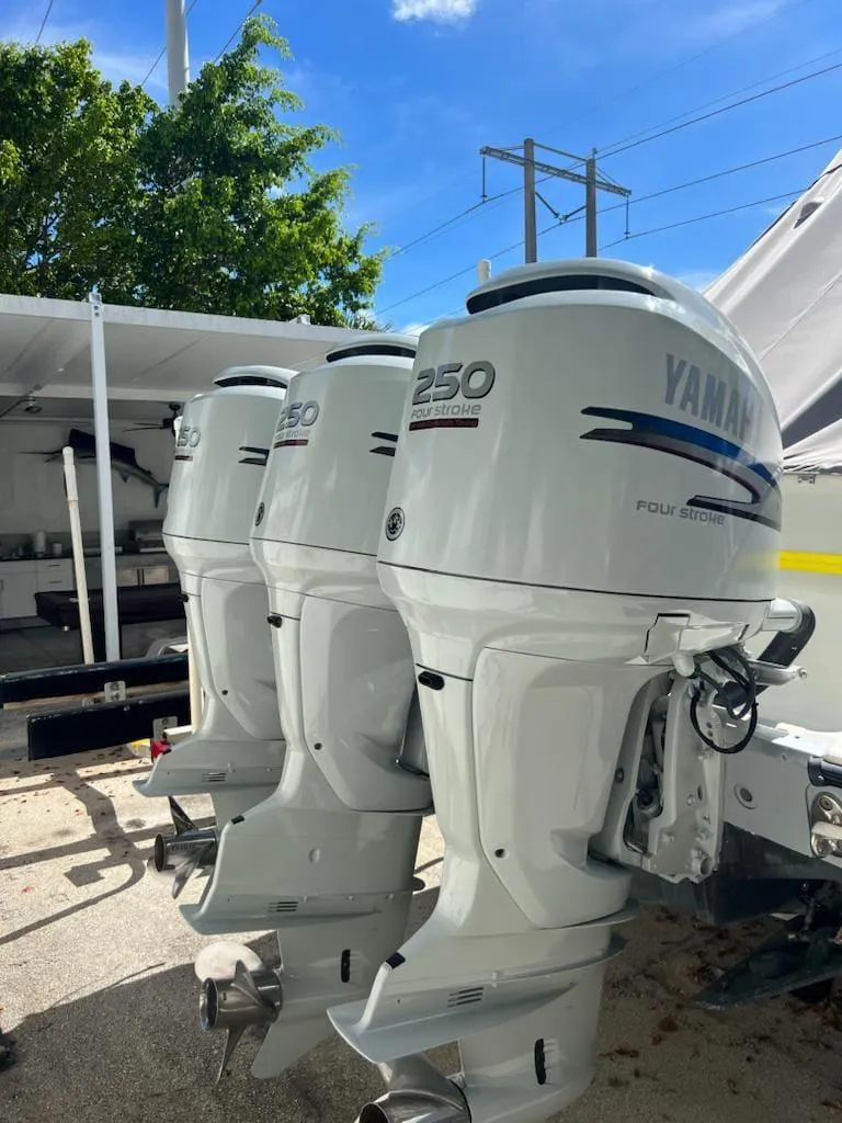 Slide: The Image of 2005 Hydra-Sports 3300 VX with triple Yamaha 250 outboard engines. - 3