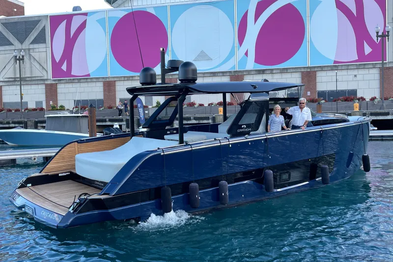 Slide: The Image of 2024 Cranchi A46 yacht docked, featuring sleek design and modern amenities. - 68