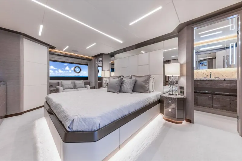 Slide: The Image of Luxurious bedroom interior of 2023 Ocean Alexander 35R yacht with modern design and ocean view. - 42