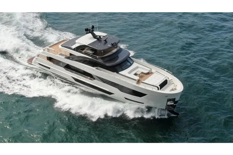 Slide: The Image of 2023 Ocean Alexander 35R luxury yacht cruising on the ocean. - 5