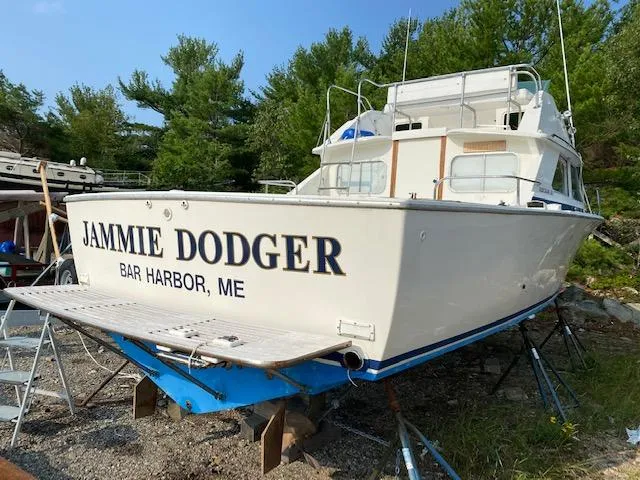 Slide: The Image of 1972 Bertram Express boat "Jammie Dodger" on land, Bar Harbor, ME. - 1