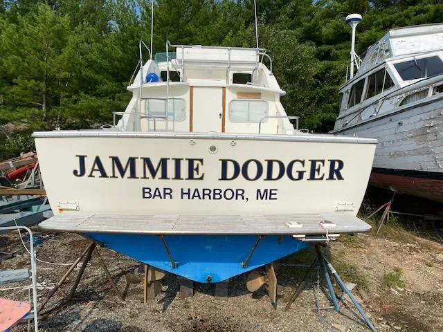 Slide: The Image of 1972 Bertram Express boat named "Jammie Dodger" in Bar Harbor, ME, on land. - 20