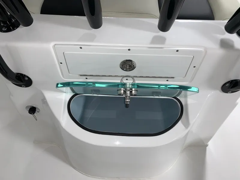 Slide: The Image of 2024 Cape Horn 22 OS boat livewell with glass lid and white finish. - 10