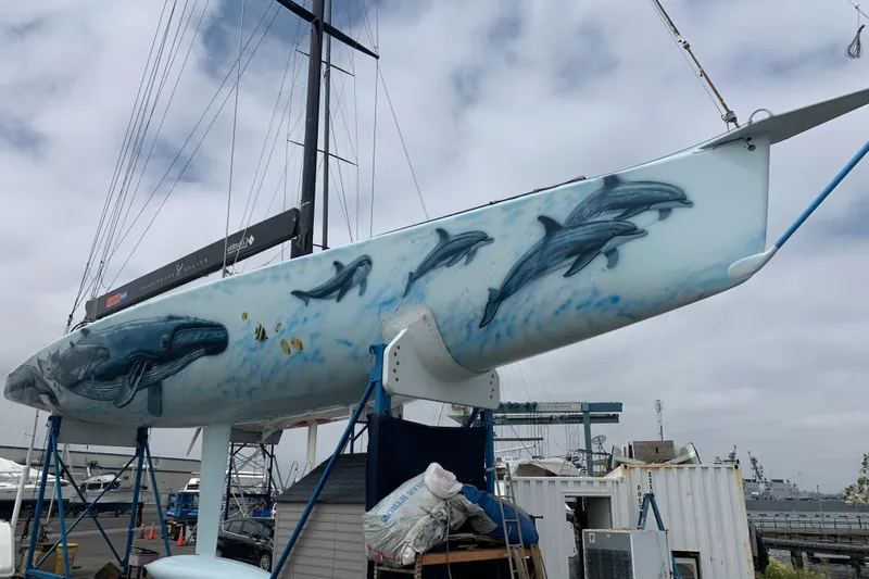 Slide: The Image of Custom 2000 Americas Cup Class 75 yacht with marine life artwork on hull. - 4