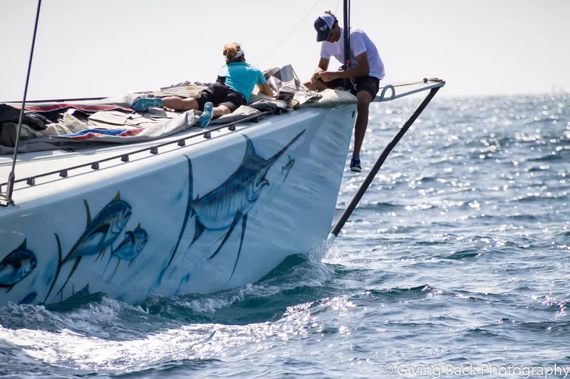 Slide: The Image of Sailing yacht with marlin artwork, Custom Americas Cup Class 75, 2000, on open sea. - 8