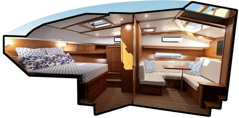 Slide: The Image of Luxurious interior of 2027 Sabre 43 Salon Express yacht with ocean view. - 2