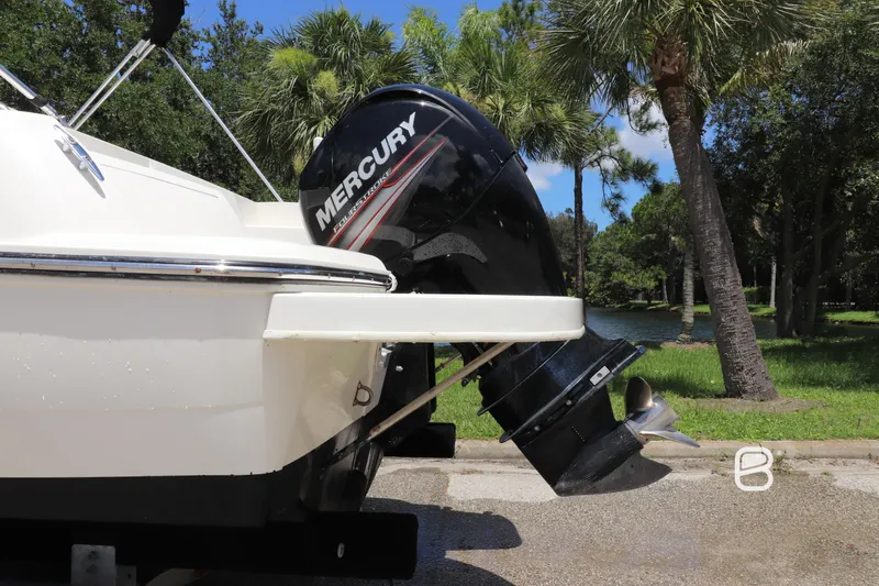 Slide: The Image of 2018 Bayliner 210 DB boat with Mercury outboard motor, parked near palm trees. - 7
