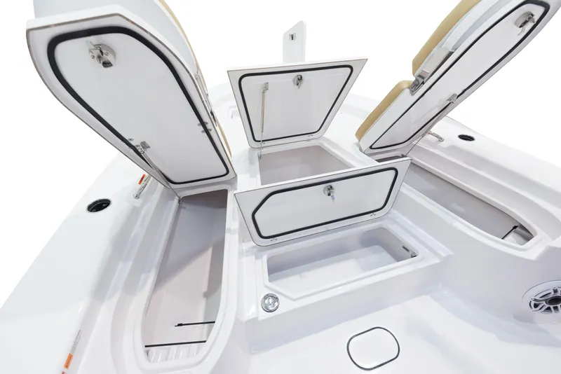 Slide: The Image of 2024 Sportsman Masters 267 Bay Boat storage compartments open. - 15
