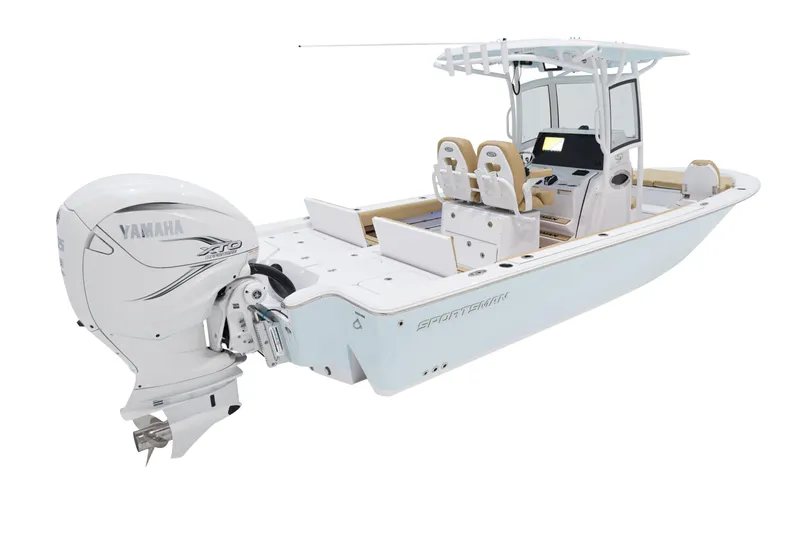 Slide: The Image of 2024 Sportsman Masters 267 Bay Boat with Yamaha outboard motor. - 2