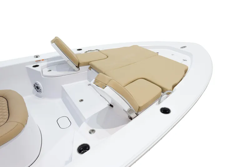 Slide: The Image of 2024 Sportsman Masters 267 Bay Boat with tan seating and white deck. - 20
