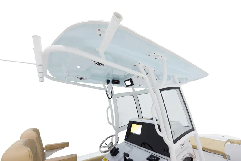 Slide: The Image of 2024 Sportsman Masters 267 Bay Boat helm station with T-top and electronics. - 8