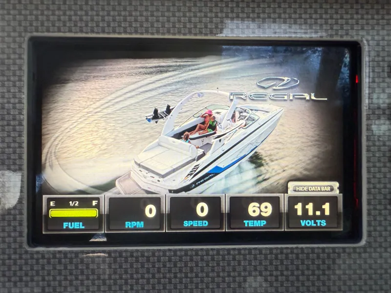 Slide: The Image of Display screen of a 2013 Regal 2500 Bowrider showing fuel, RPM, speed, temperature, and voltage. - 37