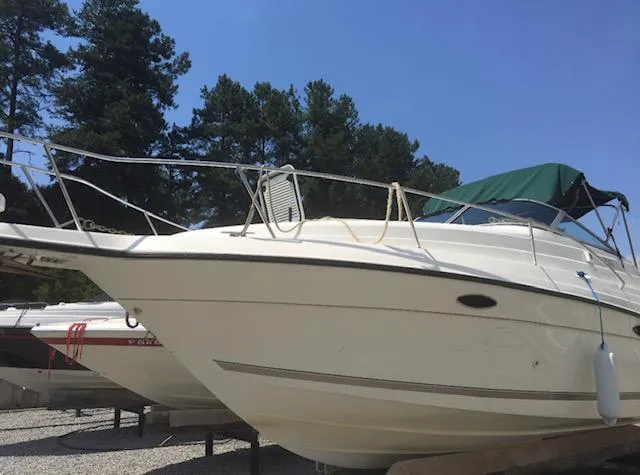 The Image of 1998 Doral 2500 SC boat with green canopy in outdoor storage. - 1