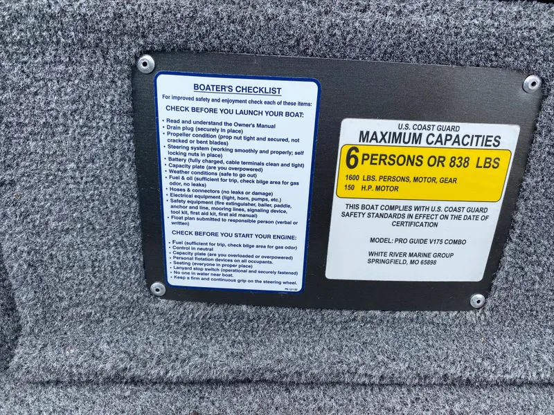 Slide: The Image of 2020 Tracker Pro Guide V175 boat capacity and safety checklist. - 15