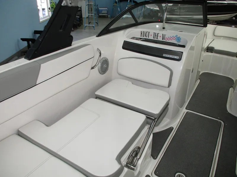 Slide: The Image of Interior view of a 2016 Bayliner VR6 Bowrider I/O with white upholstery. - 5