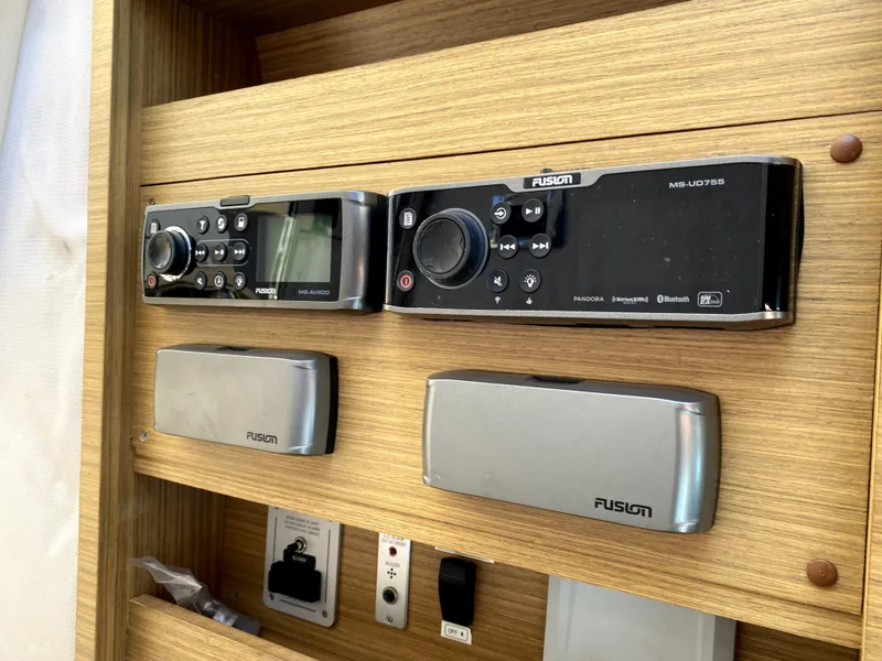 Slide: The Image of Fusion audio system on 2014 Azimut Atlantis Verve Outboard yacht interior. - 38